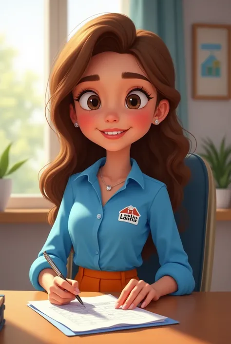 Disney cartoon character girl with brown hair logos brown eyes with brown skin wearing a blue blouse with the logo on the Larhis real estate blouse and orange pants in a real estate agency sitting at the table creating projects 