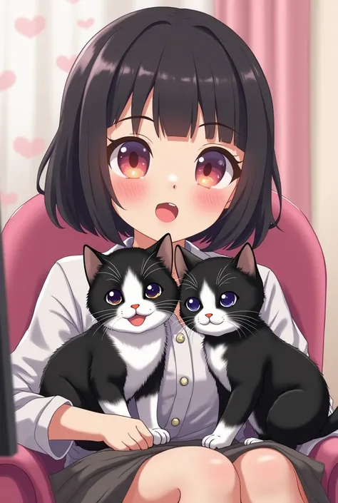 A young anime-style woman with black hair and bangs wears coquette style clothing and wears two tuxedo kittens: a  male and a 4-month-old female; the male has a white heart-shaped mark on his mouth and the female has a black nose.,The young woman is sittin...