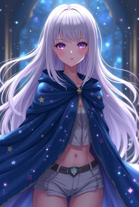  "4K anime style quality, digital drawing mode, celestial fantasy-themed anime female character, long silver hair flowing like stardust, glowing violet eyes, wearing a starry cloak with constellations, radiant skin, focused and determined expression, full ...