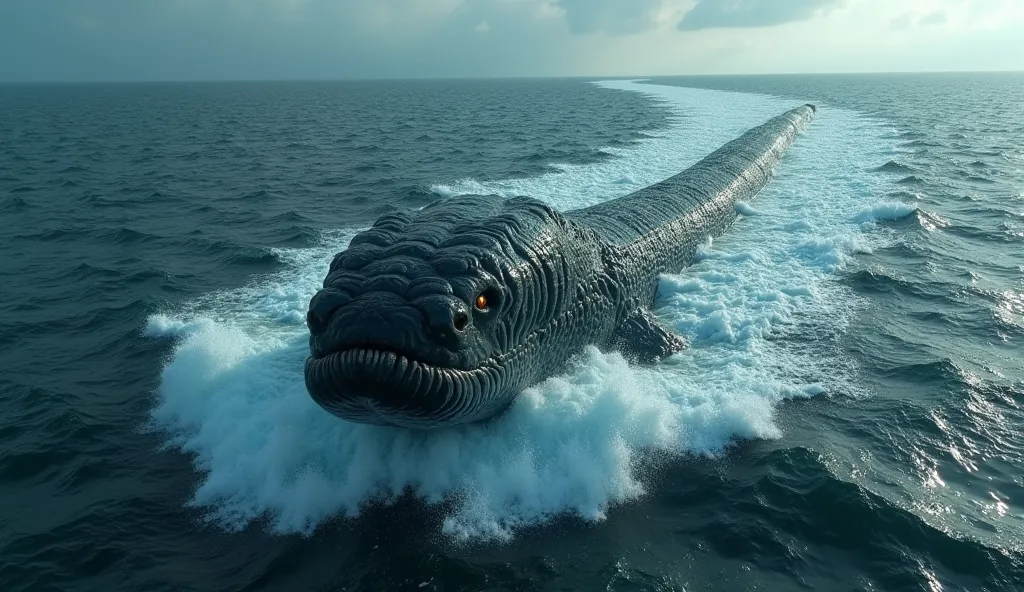 A Colossal Leviathan , Very long sea snake with shiny scales and burning eyes, leaving a long, deep and turbulent trail. The sea churns around it , creating gigantic waves .  Leviathan must be represented as an unstoppable force of nature,  capable of dest...