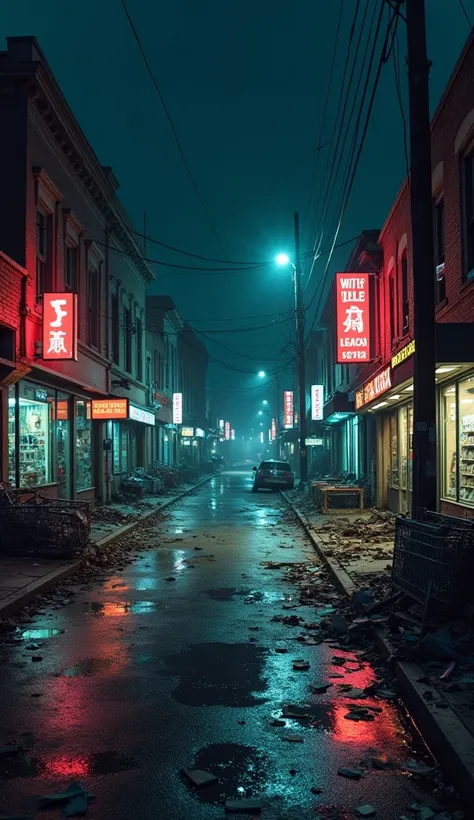 The scene unfolds at night in the heart of Springfield, where the local markets have been completely looted. The dark streets are littered with broken glass, overturned shopping carts, and abandoned goods. The neon signs of stores flicker dimly, casting an...