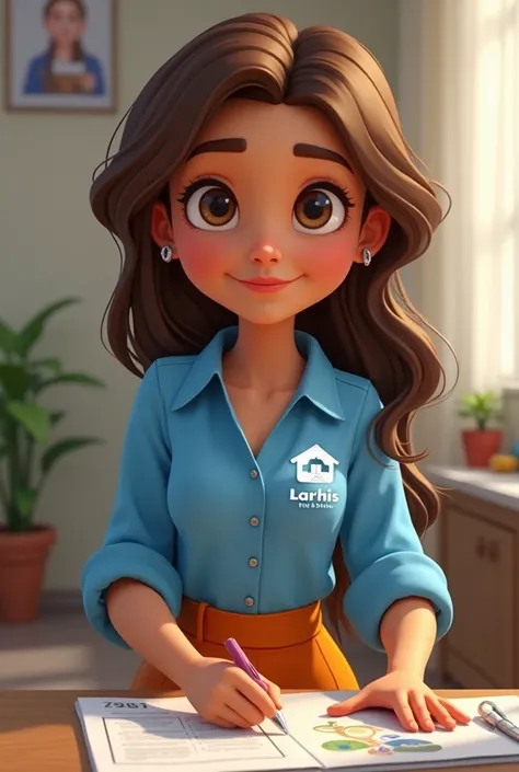 Disney cartoon character girl with brown hair logos brown eyes with brown skin wearing a blue bik blouse with the white logo on the Larhis real estate blouse and orange pants in a real estate agency sitting doing projects 