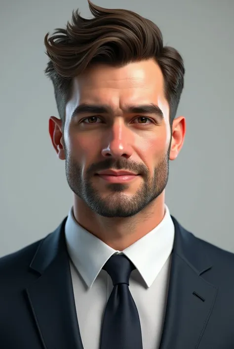 I want you to design the face of a real 3D man with short hair wearing a suit to be the face of Brent