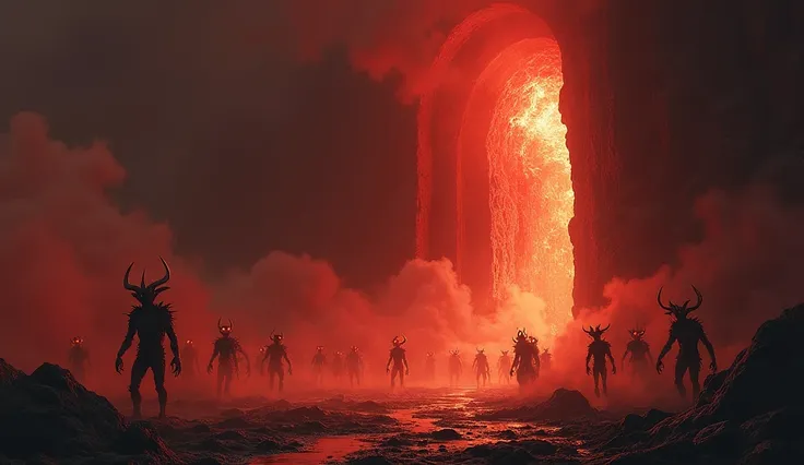 "The gates of hell slowly creak open, groaning as if the very fabric of the universe is wailing in agony. The ground trembles violently, glowing cracks forming around it, releasing a thick, sulfurous smoke and a deep crimson light. From the darkness beyond...