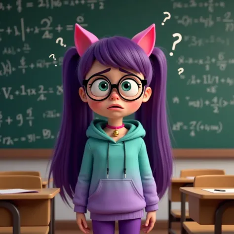 Create a Pixar-style animation of a girl with very long, straight purple hair styled in twin ponytails and layered bangs. She has pink cat ears and large green almond-shaped eyes framed by round black glasses. She wears a teal-to-purple gradient hoodie, so...