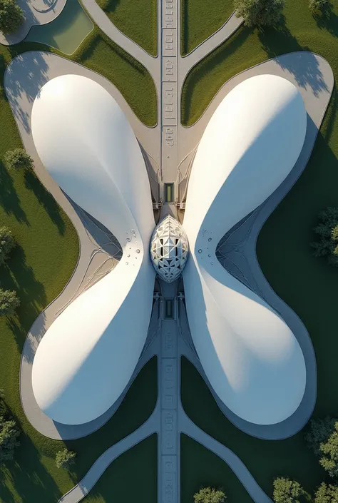 I want a building inspired by butterfly from the top view and simple 