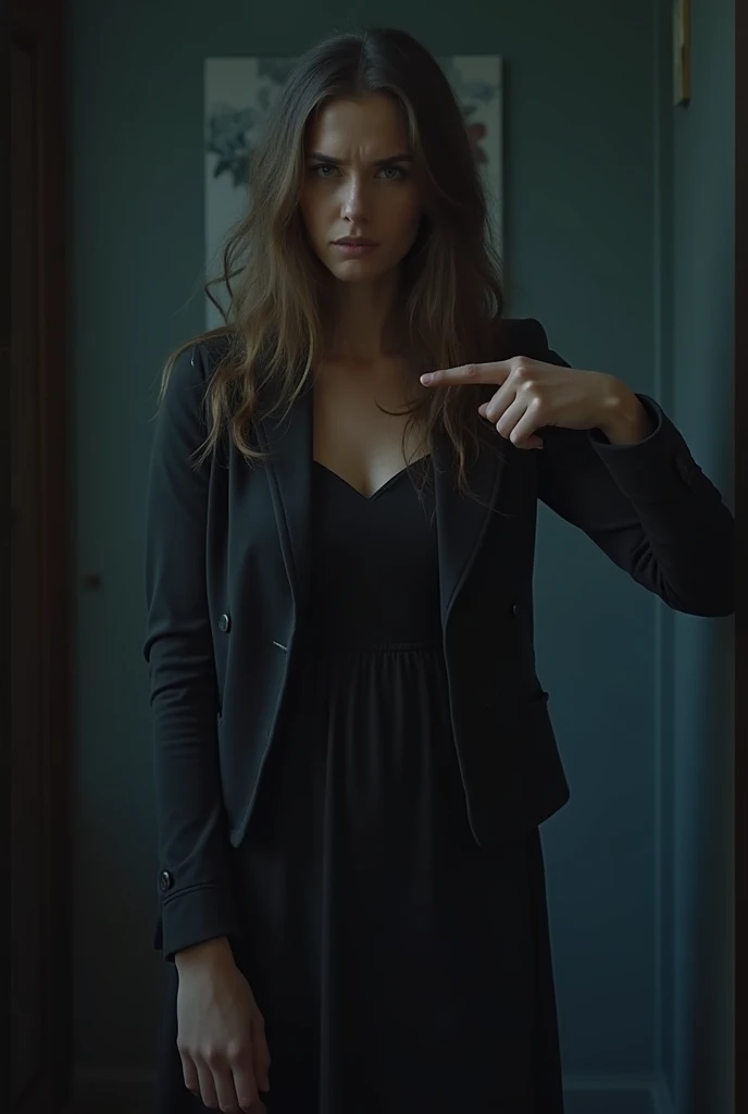 The beautiful girl wears a long dress and a jacket that appears while she is at home and has dim lighting. She points to it angrily while she is confused. Only her face and shoulder show a three-dimensional image