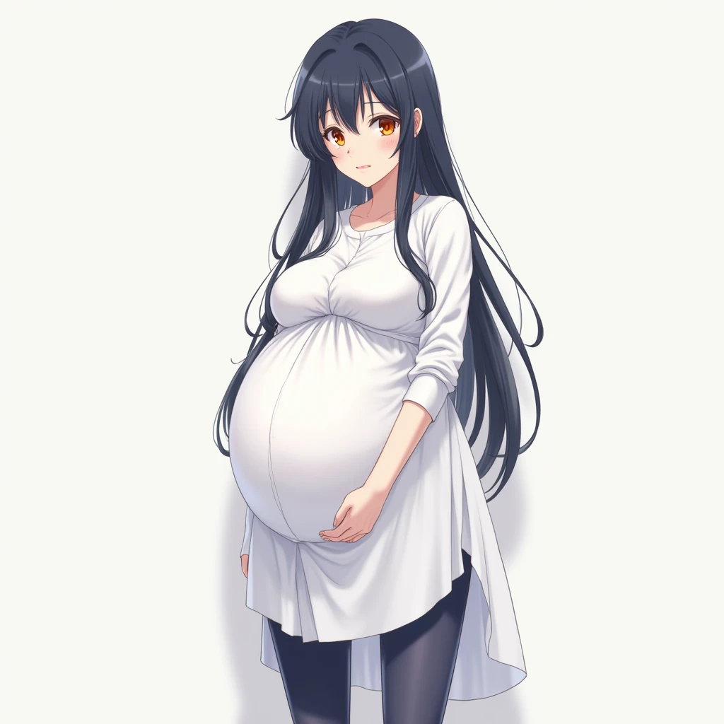 anime girl, long hair,dark blue hair, big pregnant, orange eyes , very big breasts, very big belly , pregnant girl, biggest belly , anime style,big breasts, pregnant girl with big belly, smile, white long dress, dark blue thin tights,big pregnant belly, bi...