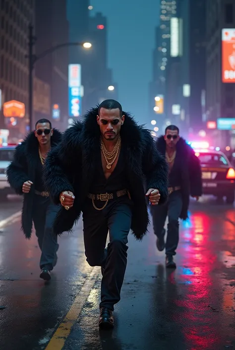 gang of caucasian criminals with gold teeth, rings on their fingers and feathered furs, chased by police cars with sirens blaring, with the streets of New York at night as a backdrop