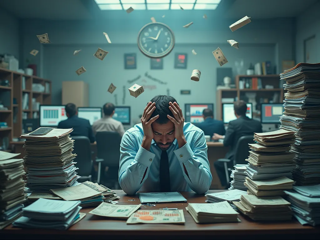 A collapsing company visually represented. In the center, a businessman or leader sits at a desk with a worried expression, holding their head, surrounded by messy stacks of papers and falling charts. In the background, a disorganized office with unmotivat...