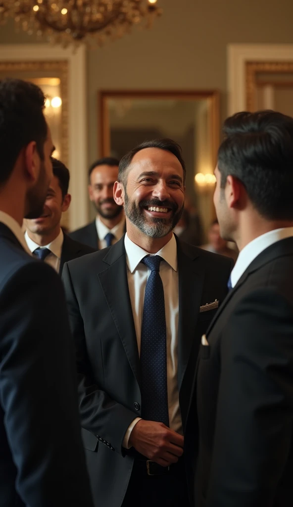 A group of people in an elegant office ,  with an individual in the center smiling exaggeratedly at a boss,  while ignoring another colleague who seems less influential .  The scene is hyperrealistic and cinematic .