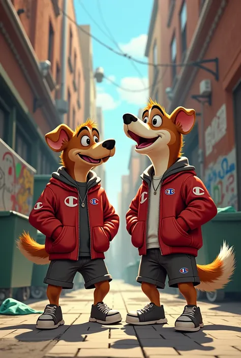 Cartoon of two dogs rapping in an alley wearing champion coats