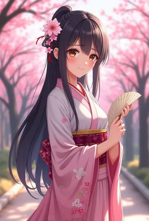  "4K anime style quality, digital drawing mode, Japan-themed anime female character, long silky black hair with a single cherry blossom tucked behind her ear, almond-shaped dark brown eyes, wearing a traditional pink and white kimono with cherry blossom pa...