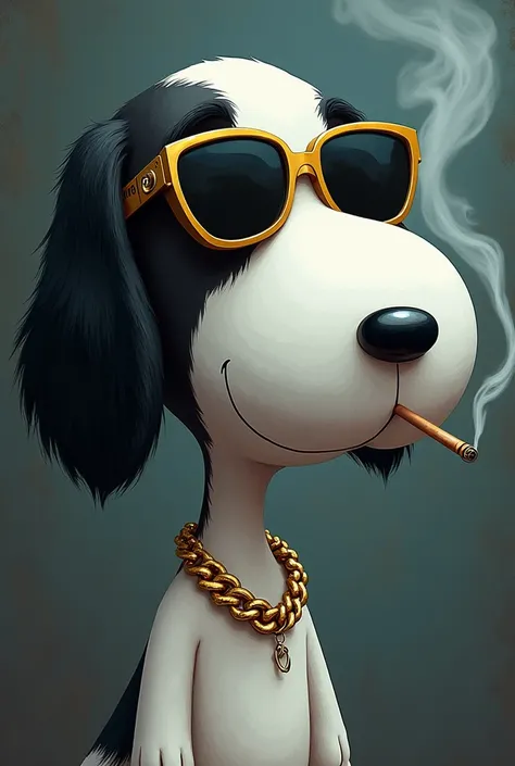 Snoopy smoking, with lenses and gold chain 