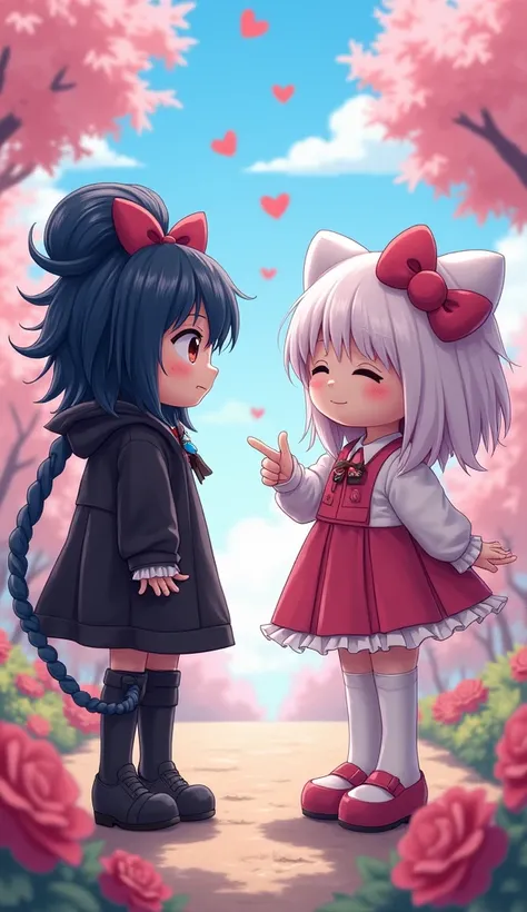 anime girl kuromi and hello kitty are standing chatting 