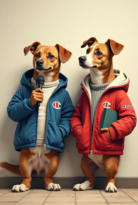  Two dogs leaning against a wall wearing champion coats, one with a microphone and the other with a book 