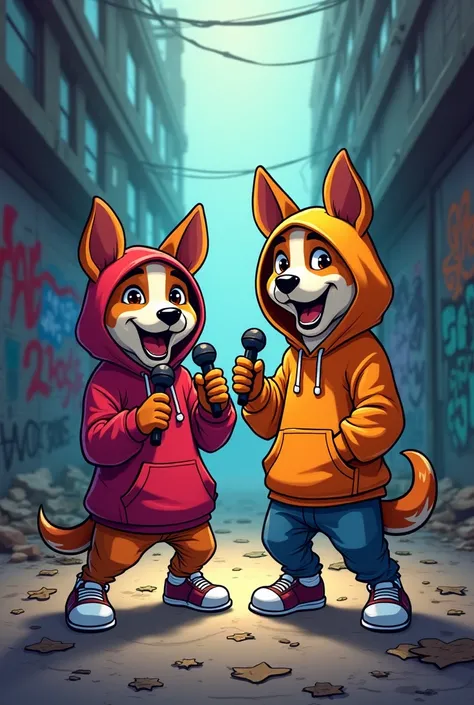 Cartoon of two dogs rapping with microphones in an alley wearing champion coats