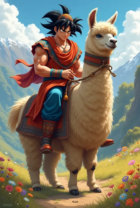 Goku riding an alpaca and wearing Peruvian clothes