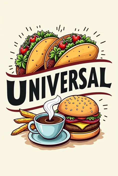 A logo for a taqueria that says universal with tacos and hamburgers and coffee