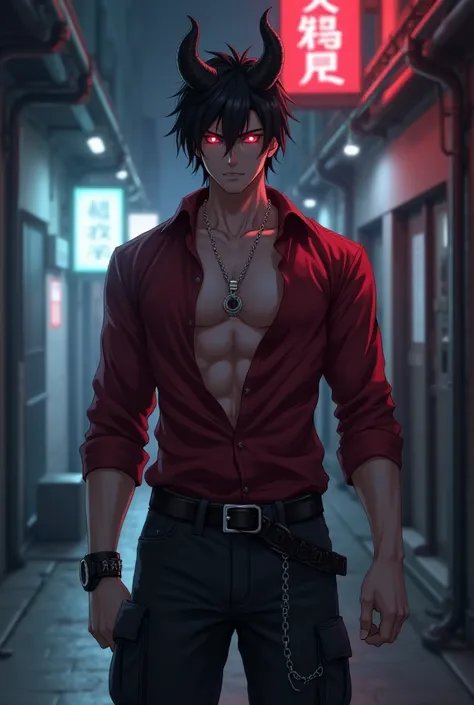 1 man, slightly long hair, dark hair, messy hair, glowing red eyes, three horns (one large horn on right side, two smaller horns on left side), muscular, unbuttoned red shirt, silver chain necklace, pendant, black cargo jeans, multiple pockets, straps, dim...