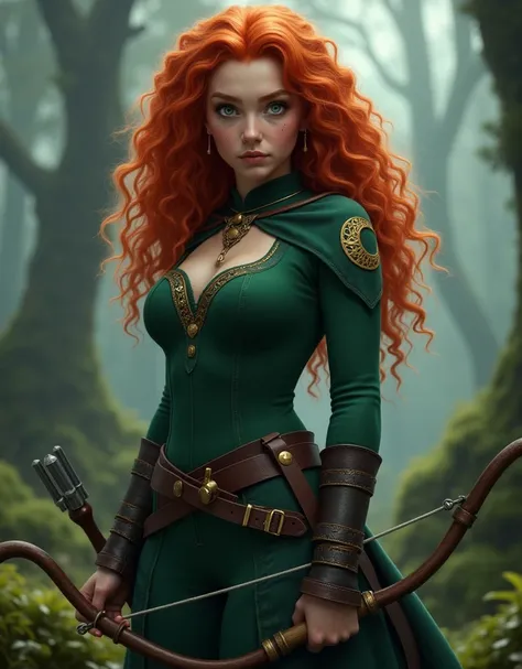 Una joven escocesa  outfit inspirada en Mérida de *brave*,  with curly copper red hair intense ,  wild and disheveled , enmarcando un rostro ovalado con parts doradas,  bright green eyes and decisive expression .  His build is sturdy and curly ,  with stro...