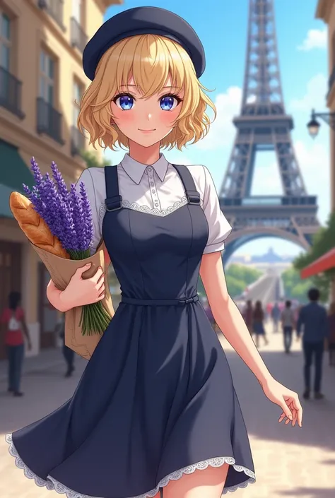  "4K anime style quality, digital drawing mode, France-themed anime female character, short curly blonde hair styled in a chic bob, piercing blue eyes, wearing a stylish beret and a sophisticated navy blue dress with white lace accents, standing on a Paris...