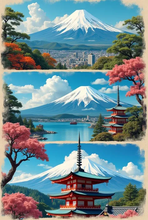 Make me a three photo collage of three best tourist spot in japan