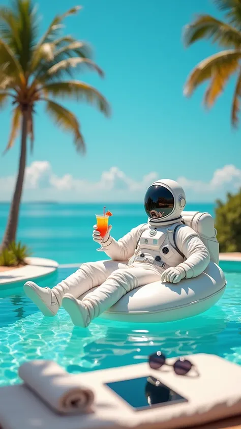 A futuristic astronaut, still wearing a sleek white space suit but with the helmet off, is relaxing on a luxurious poolside during a tropical vacation. The astronaut is lounging on a pool float, sipping a colorful cocktail with a small umbrella in it. The ...