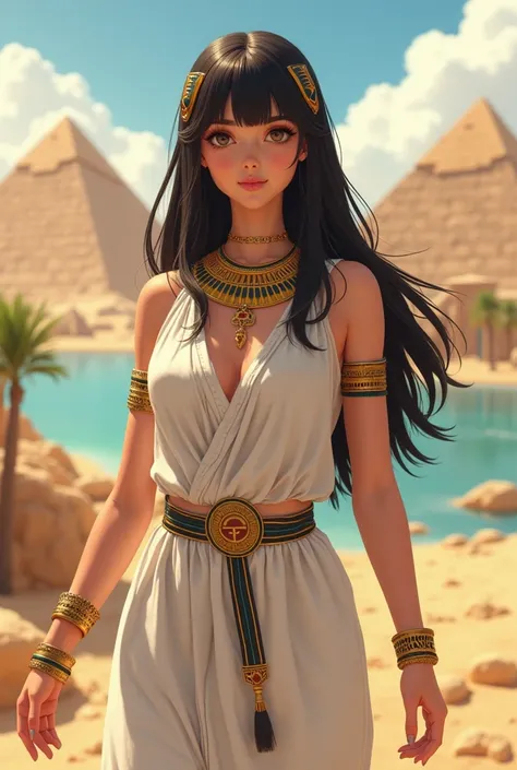  "4K anime style quality, digital drawing mode, Egypt-themed anime female character, long jet-black hair styled in a sleek bob with gold accessories, deep brown almond-shaped eyes lined with kohl, wearing a traditional white linen dress with gold jewelry, ...