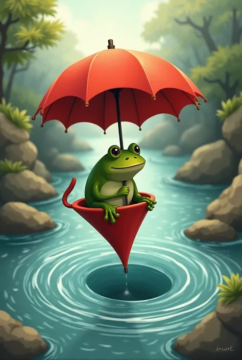 The red umbrella carried the frog gently downstream, away from the dangerous rocks and Whirlpool 