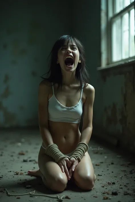 A  girl wearing only underwear kneels tied on the floor and has her mouth wide open in an abandoned house