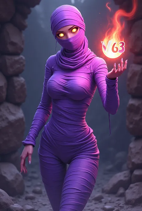  high quality,  High resolution, detailed photorealistic illustration ,  anime character,  game character , real, female mummy ,   from inside the body ,  bright eyes,  ascending static eye shock  ,  full of head and face covered with a bright purple banda...