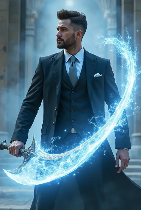 Handsome tall and strong white man with short brown hair with short beard wearing a black suit with a light blue shirt and silver tie bewitching a halberd with white light magic in combat posture