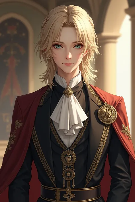 A MALE RPG cleric character of noble lineage, whose appearance is medium long blonde hair with a braid in the front, very sophisticated clothes for a Cleric, has light eyes and white skin