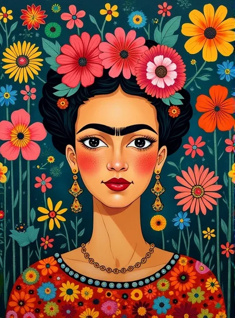 Frida kahlo colorful happy details flowers geometric shapes, network, Gustav Klimt style masterpiece