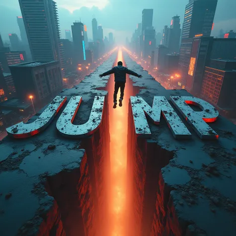 A hyper-realistic, aerial-view photo-manipulation artwork of a sprawling metropolis split by a colossal, jagged crack in the earth. The divide forms the word JUMP in massive, raw lettering carved into the cityscape, filled with rubble and glowing magma-lik...