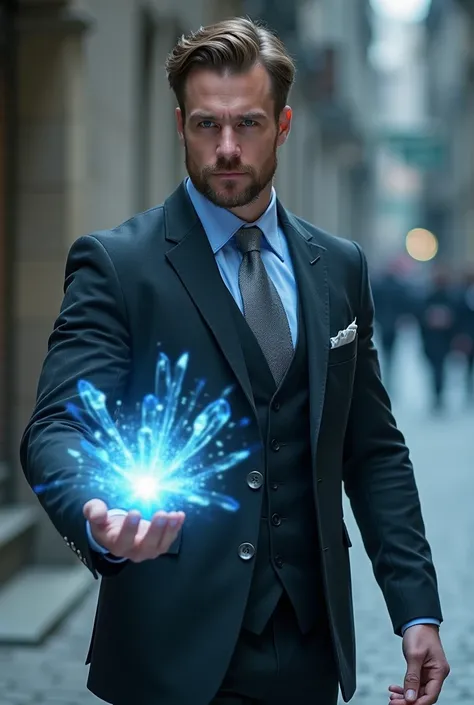 Handsome tall and strong white man with short brown hair with a short beard wearing a black suit with a light blue shirt and silver tie using ice magic has a grimoire levitating in front of him in combat posture