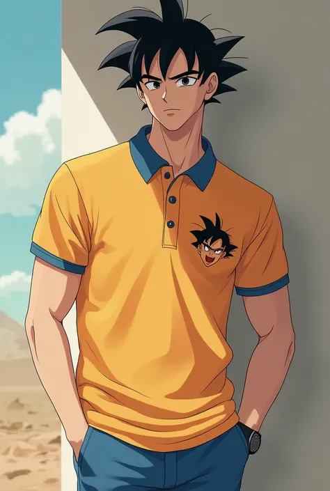 A polo shirt with a small Goku design