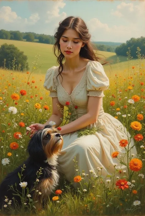 old painting, Woman picking flowers in a field and a little dog next door