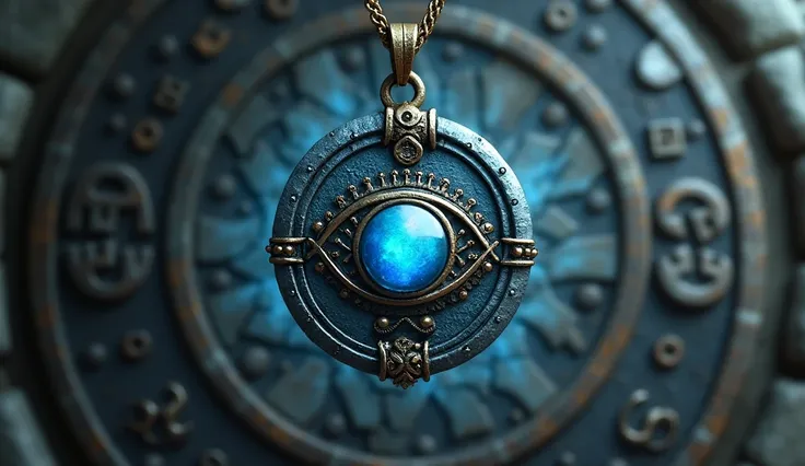 " A protective eye-shaped amulet , hanging on a chain ,  with intricate details and a blue stone in the center .  The amulet is surrounded by a protective aura ,  blocking rays of dark energy that attempt to approach.  The background is an ancient stone wa...