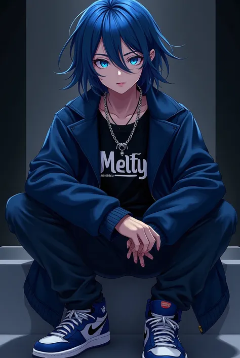 i want a anime cool pfp with dark blue eyes blue air jordans dark blue jacket black shirt with the name melty on it and a chain with black hair