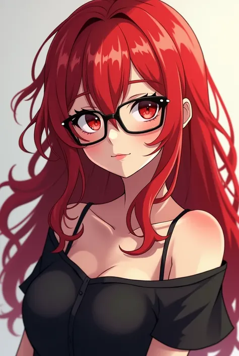 Create a red-haired anime girl, wears black glasses ,Red eyes and black dress 