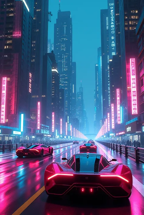 A neon image with cars and buildings 
