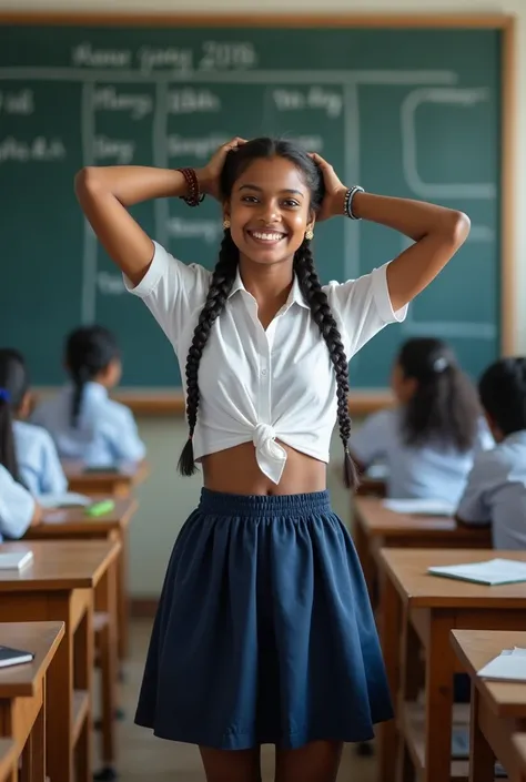 school scenario, portrait of a extremely beautiful  Tamil girl, (highly detailed:1.6 beautiful gorgeous face), (laughing:1.6), standing in front of the students inside the classroom, open arms above her head, look at viewer, (wearing:1.6 pure white shirt f...