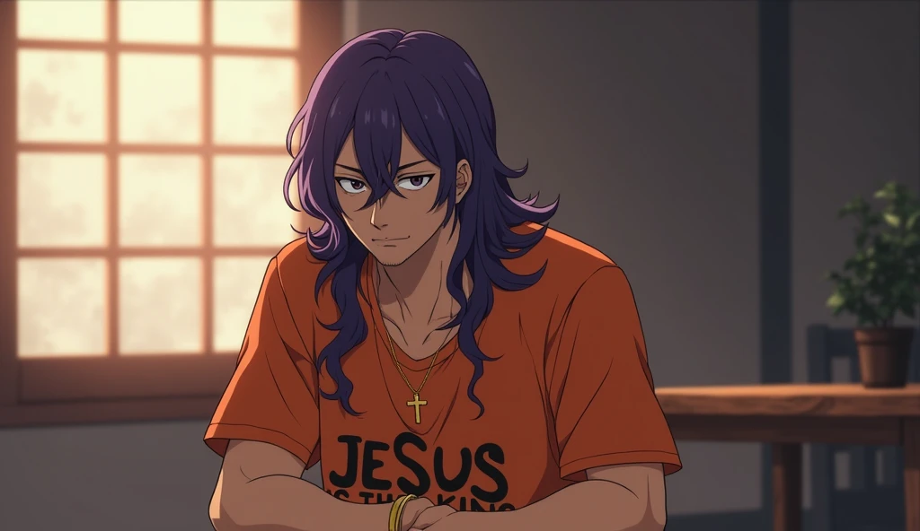  Create an anime character from [ male gender]  full body , at 27 years old,  Brown skin, LONG PURPLE HAIR, wearing an orange shirt, [Written Jesus is the King] in black, wearing a gold necklace necklace with a small crucifix, in an everyday scenario , in ...