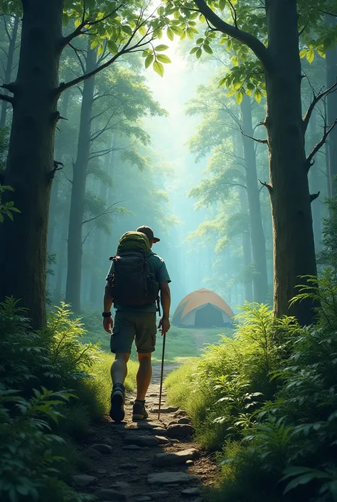 Create an image of a camping in the woods with a man heading towards his tent 