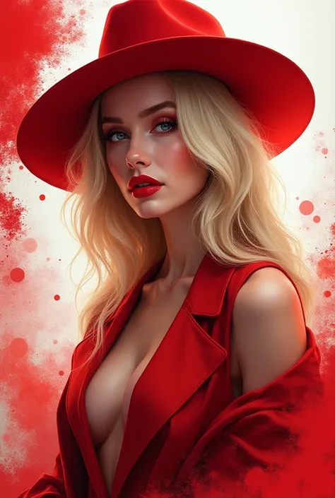 A digital portrait of a blonde woman wearing bright makeup, red hat and elegant outfit .  The background contains red and white splashes .