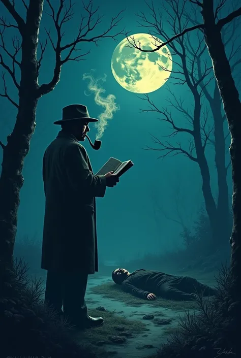  I want to create a 1280x720 Trinh Thi story cover page with the title “Ky Nok In the Night” by “Le Khoi” with a picture of a man holding a book and a smoking pipe. under the faint moonlight I see dead bodies lying on the ground 