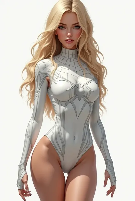 A 1 girl with blonde hair , en costume de spider-man de couleur blanche , With big ass and big boobs. Elle porte un costume tres serrer qui resort parfaitement sa forme, Lustful face