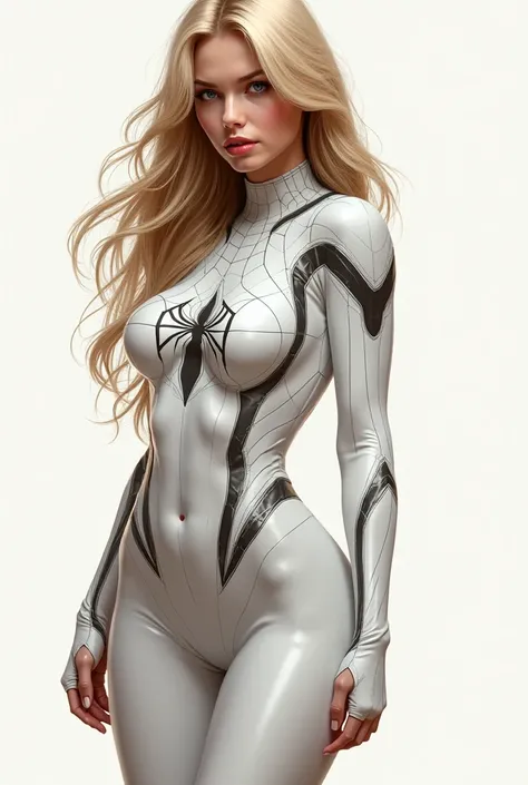 A 1 girl with blonde hair , en costume de spider-man de couleur blanche , With big ass and big boobs. Elle porte un costume tres serrer qui resort parfaitement sa forme, Lustful face